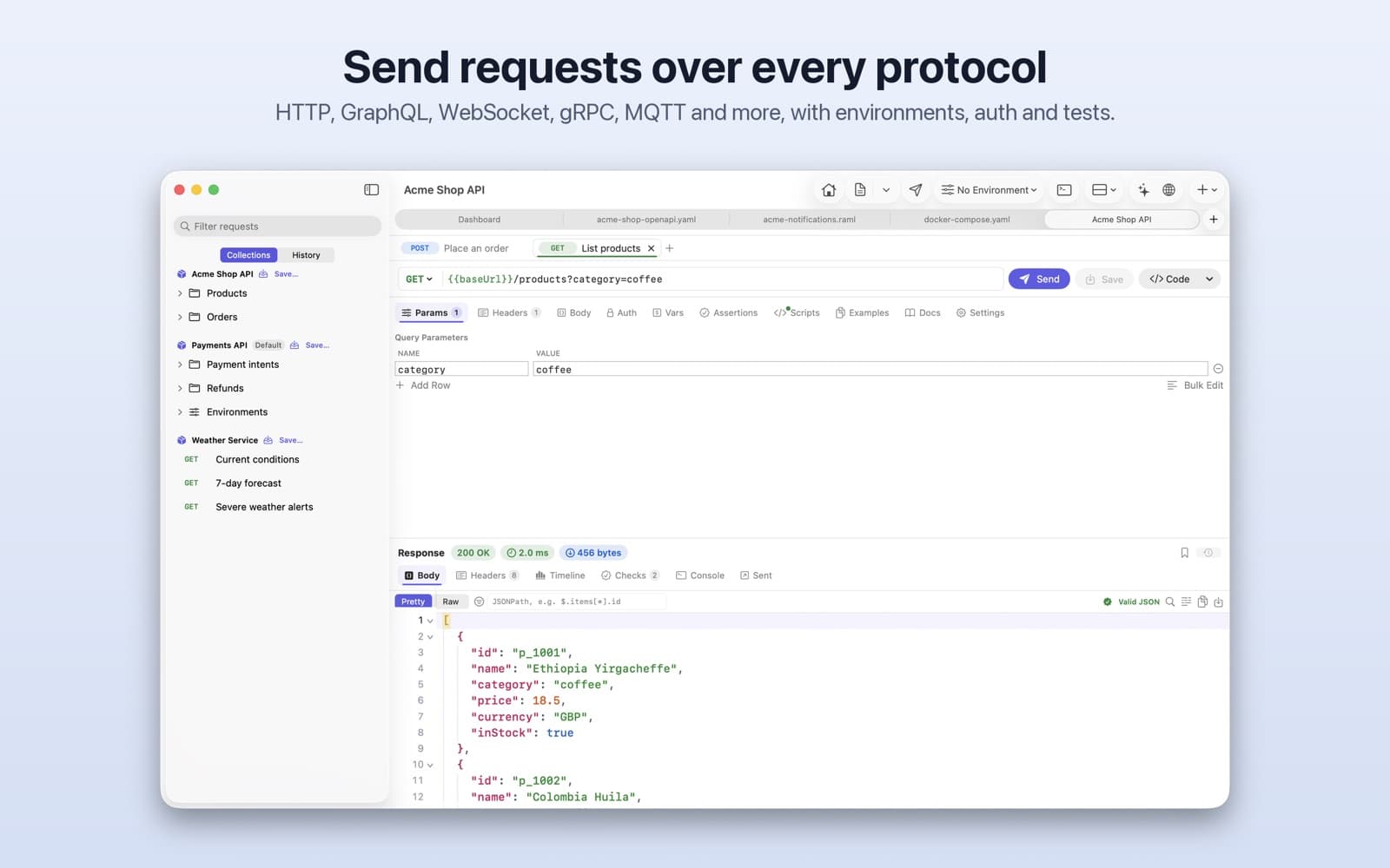 Morsewire's API client showing collections, a request and its JSON response