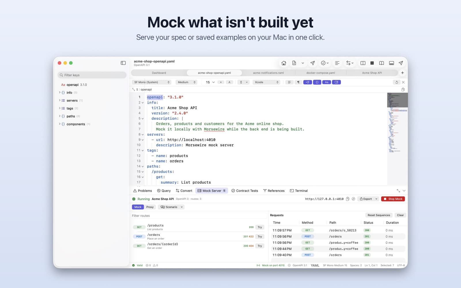 The built-in mock server serving an OpenAPI spec