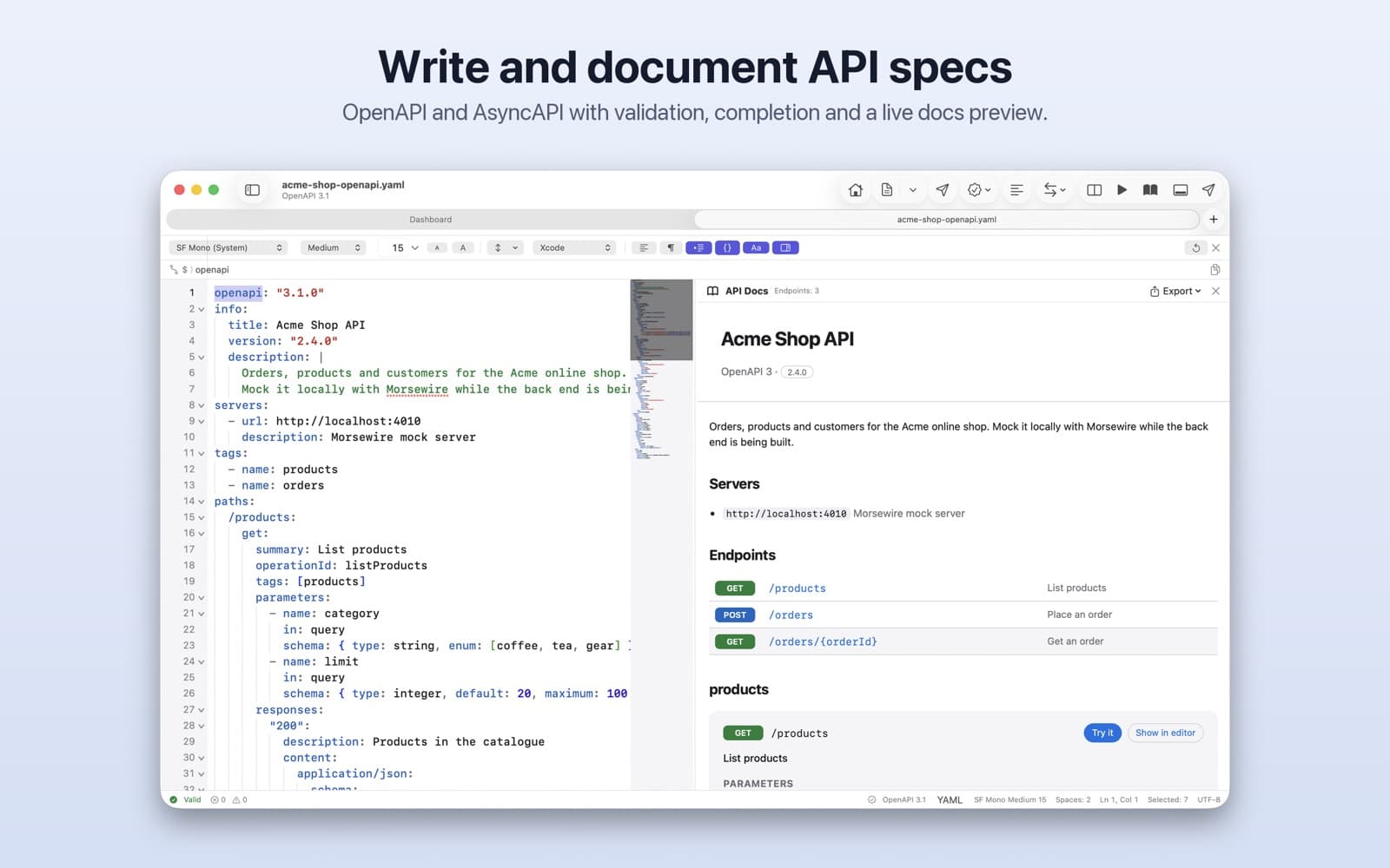 An OpenAPI spec open in the editor beside its live documentation