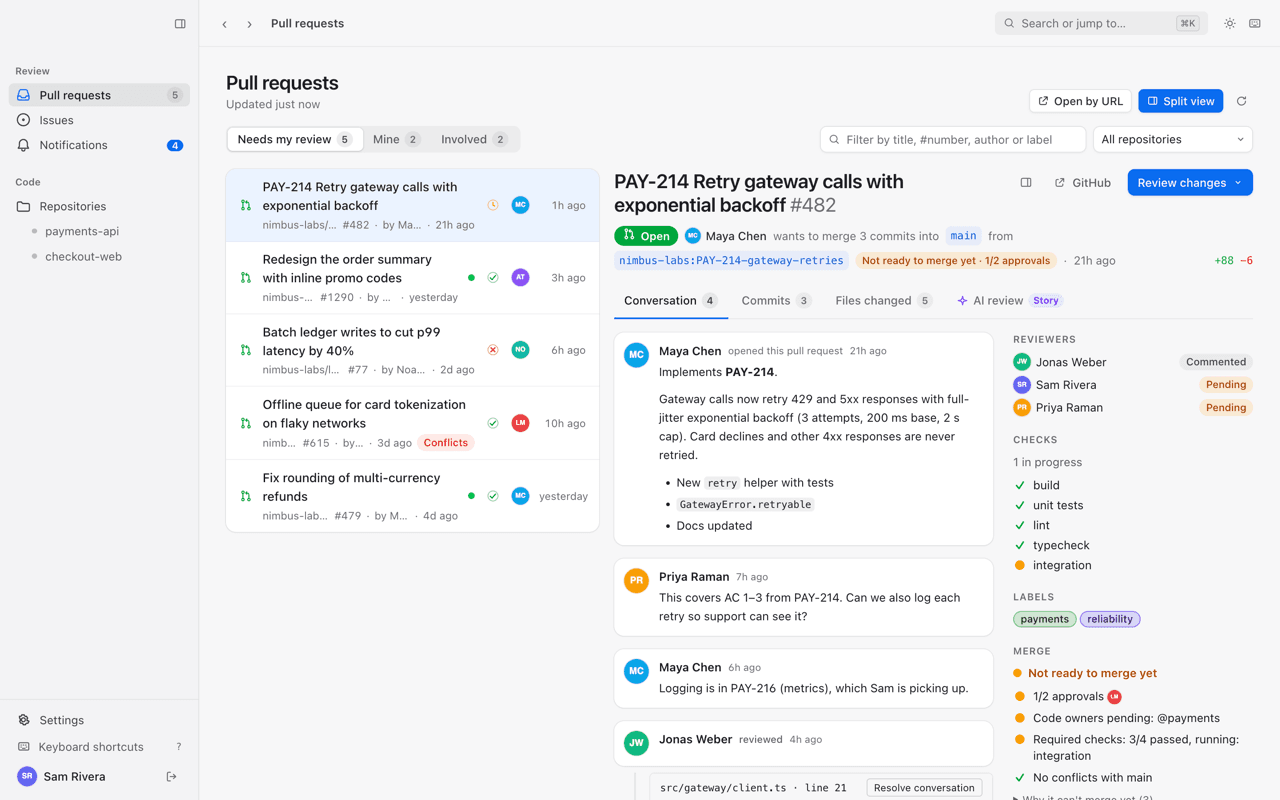 Git Client's split view with the pull request inbox beside a pull request's conversation, checks and merge status