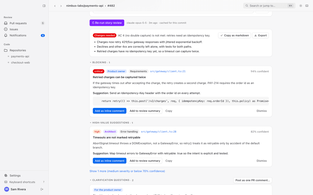 An AI story review reporting blocking findings and high-value suggestions anchored to specific lines